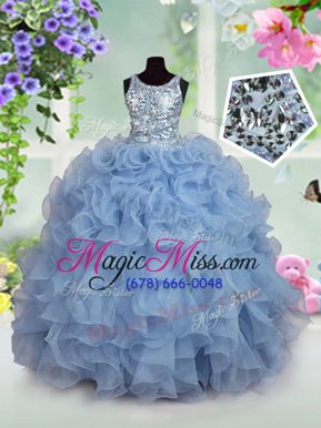 Discount Light Blue Ball Gowns Scoop Sleeveless Organza Floor Length Zipper Ruffles and Sequins Little Girls Pageant Gowns
