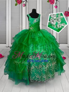 High Class Ruffled Straps Sleeveless Lace Up Little Girls Pageant Dress Wholesale Green Organza