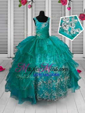 Custom Fit Straps Sleeveless Organza Pageant Gowns For Girls Appliques and Ruffled Layers Lace Up