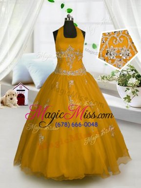 On Sale Halter Top Orange A-line Appliques Child Pageant Dress Lace Up Tulle Sleeveless Floor Length