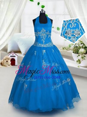 Fashionable Halter Top Aqua Blue A-line Appliques Kids Pageant Dress Lace Up Tulle Sleeveless Floor Length