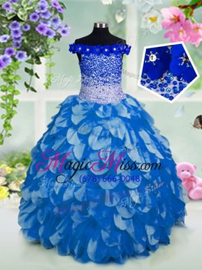 Off The Shoulder Short Sleeves Kids Formal Wear Floor Length Beading and Sashes|ribbons and Sequins Blue Organza