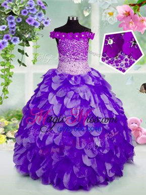 Simple Off the Shoulder Organza Sleeveless Floor Length Little Girls Pageant Dress and Beading and Hand Made Flower