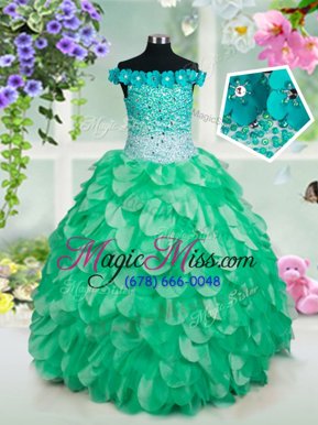 Custom Fit Off the Shoulder Sleeveless Beading and Hand Made Flower Lace Up Little Girls Pageant Dress
