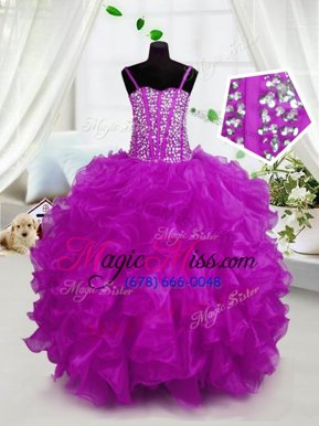 Fancy Hot Pink Kids Pageant Dress Party and Wedding Party and For with Beading and Ruffles Spaghetti Straps Sleeveless Lace Up