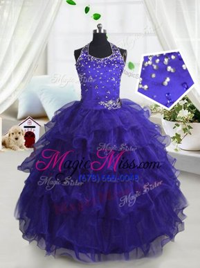Perfect Scoop Ruffled Navy Blue Sleeveless Organza Lace Up Little Girl Pageant Gowns for Party and Wedding Party