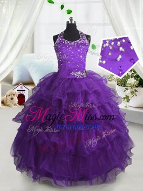 Admirable Scoop Ruffled Purple Sleeveless Organza Lace Up Little Girls Pageant Dress Wholesale for Party and Wedding Party
