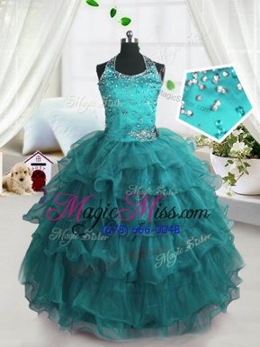 Perfect Beading and Ruffled Layers Kids Formal Wear Turquoise Lace Up Sleeveless Floor Length