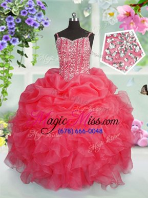 Latest Rose Pink Sleeveless Floor Length Beading and Ruffles and Pick Ups Lace Up Little Girls Pageant Dress Wholesale