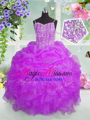 Custom Made Spaghetti Straps Sleeveless Little Girl Pageant Gowns Floor Length Beading and Ruffles and Pick Ups Fuchsia Organza