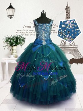 Charming Teal Sleeveless Beading and Belt Floor Length Child Pageant Dress