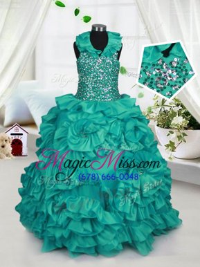 Pretty Turquoise Halter Top Zipper Beading and Ruffles Child Pageant Dress Sleeveless