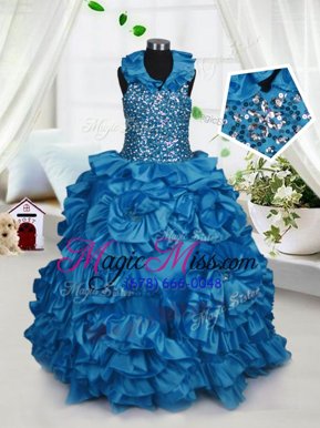 Superior Halter Top Sleeveless Pageant Gowns For Girls Floor Length Beading and Ruffles Teal Taffeta