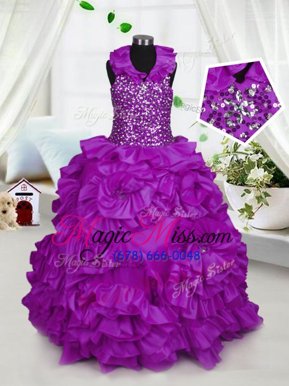 Fancy Purple Ball Gowns Halter Top Sleeveless Taffeta Floor Length Zipper Beading Kids Pageant Dress