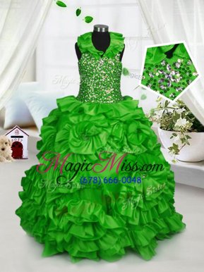 Halter Top Taffeta Sleeveless Floor Length Little Girl Pageant Gowns and Beading and Ruffles