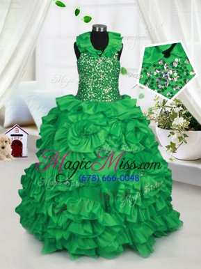 Eye-catching Halter Top Green Sleeveless Floor Length Beading and Ruffles Zipper Child Pageant Dress