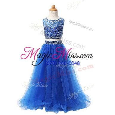 Ideal Scoop Floor Length Two Pieces Sleeveless Blue Flower Girl Dress Zipper