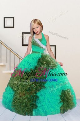 Dramatic Halter Top Fabric With Rolling Flowers Sleeveless Floor Length Kids Formal Wear and Beading and Ruffles