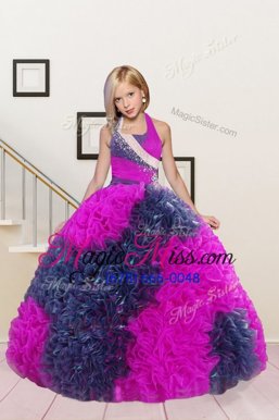 Inexpensive Hot Pink Ball Gowns Fabric With Rolling Flowers Halter Top Sleeveless Beading and Ruffles Floor Length Lace Up Child Pageant Dress
