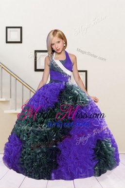High Quality Dark Green and Eggplant Purple Halter Top Neckline Beading and Ruffles Girls Pageant Dresses Sleeveless Lace Up