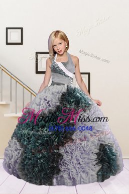 Dark Green and Silver Halter Top Neckline Beading and Ruffles Little Girl Pageant Gowns Sleeveless Lace Up