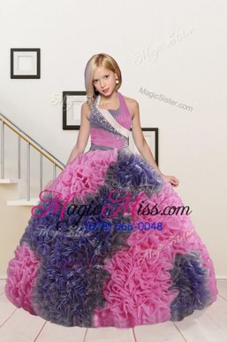 Affordable Halter Top Sleeveless Lace Up Kids Pageant Dress Pink and Dark Purple Fabric With Rolling Flowers