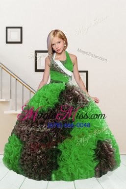 Best Halter Top Fabric With Rolling Flowers Sleeveless Floor Length Girls Pageant Dresses and Beading and Ruffles