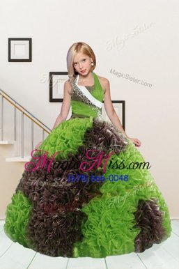 Halter Top Sleeveless Lace Up Little Girl Pageant Dress Apple Green and Chocolate Fabric With Rolling Flowers