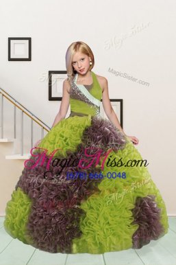 Beautiful Halter Top Fabric With Rolling Flowers Sleeveless Floor Length Pageant Gowns For Girls and Beading and Ruffles