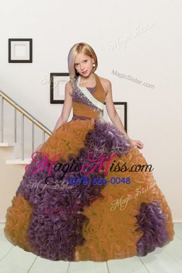 Purple and Orange Ball Gowns Fabric With Rolling Flowers Halter Top Sleeveless Beading and Ruffles Floor Length Lace Up Little Girls Pageant Gowns