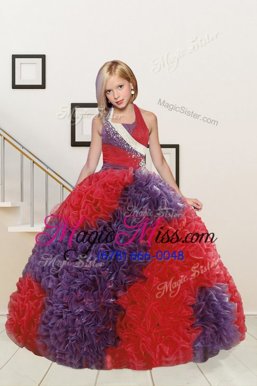 Hot Selling Halter Top Red and Purple Sleeveless Floor Length Beading and Ruffles Lace Up Kids Pageant Dress