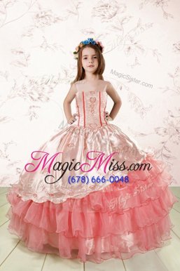 High Quality Baby Pink Ball Gowns Spaghetti Straps Sleeveless Organza Floor Length Lace Up Embroidery and Ruffled Layers Kids Pageant Dress
