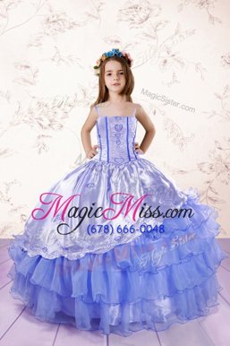 Affordable Baby Blue Ball Gowns Spaghetti Straps Sleeveless Organza Floor Length Lace Up Embroidery and Ruffled Layers Kids Formal Wear