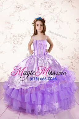 Great Lavender Sleeveless Embroidery and Ruffled Layers Floor Length Little Girls Pageant Dress