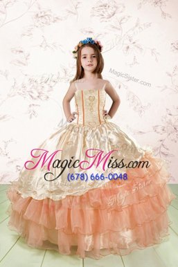 Customized Orange Red Spaghetti Straps Lace Up Embroidery and Ruffled Layers Kids Formal Wear Sleeveless