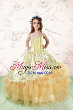 Perfect Sleeveless Organza Floor Length Lace Up Child Pageant Dress in Orange for with Embroidery and Ruffled Layers
