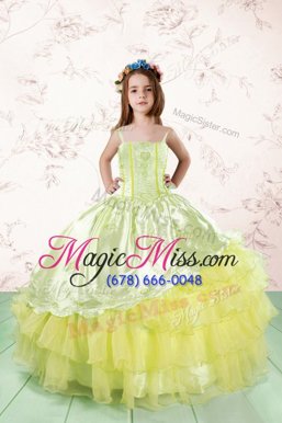 Custom Design Light Yellow Kids Formal Wear Party and For with Lace and Ruffled Layers Spaghetti Straps Sleeveless Lace Up
