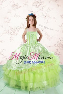 Perfect Yellow Green Lace Up Pageant Gowns For Girls Embroidery and Ruffled Layers Sleeveless Floor Length