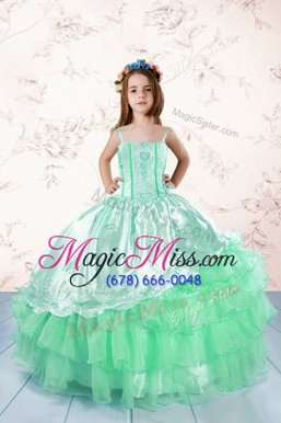 Cute Apple Green Spaghetti Straps Neckline Embroidery and Ruffled Layers Little Girls Pageant Dress Sleeveless Lace Up