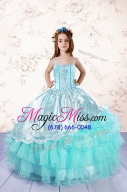 Sweet Ruffled Spaghetti Straps Sleeveless Lace Up Pageant Gowns For Girls Turquoise Organza
