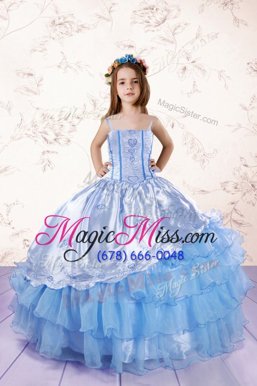 Baby Blue Ball Gowns Embroidery and Ruffled Layers Little Girls Pageant Gowns Lace Up Organza Sleeveless Floor Length