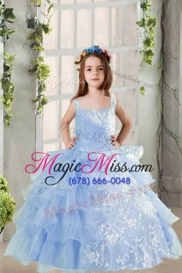 Hot Sale Baby Blue Organza Lace Up Child Pageant Dress Long Sleeves Floor Length Lace and Ruffled Layers