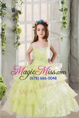 Adorable Ruffled Floor Length Ball Gowns Sleeveless Light Yellow Child Pageant Dress Lace Up