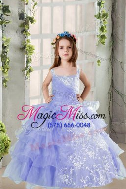 Lace and Ruffled Layers Little Girls Pageant Dress Wholesale Lavender Lace Up Sleeveless Floor Length