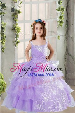 Ruffled Square Sleeveless Lace Up Little Girls Pageant Dress Lavender Organza