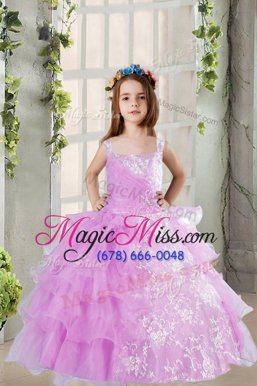 Lavender Square Neckline Lace and Ruffled Layers Child Pageant Dress Sleeveless Lace Up