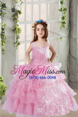 Top Selling Lilac Organza Lace Up Square Sleeveless Floor Length Little Girl Pageant Dress Lace and Ruffled Layers