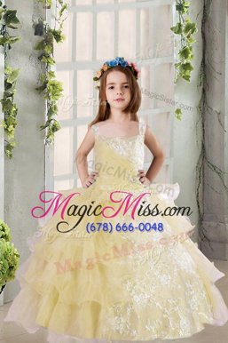 Excellent Light Yellow Square Neckline Lace and Ruffled Layers Child Pageant Dress Sleeveless Lace Up