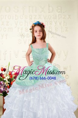Top Selling Floor Length Lace Up Little Girl Pageant Dress White and In for Party and Wedding Party with Beading and Ruffles