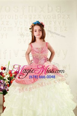 Sleeveless Floor Length Beading and Ruffled Layers and Hand Made Flower Lace Up Pageant Gowns For Girls with Pink